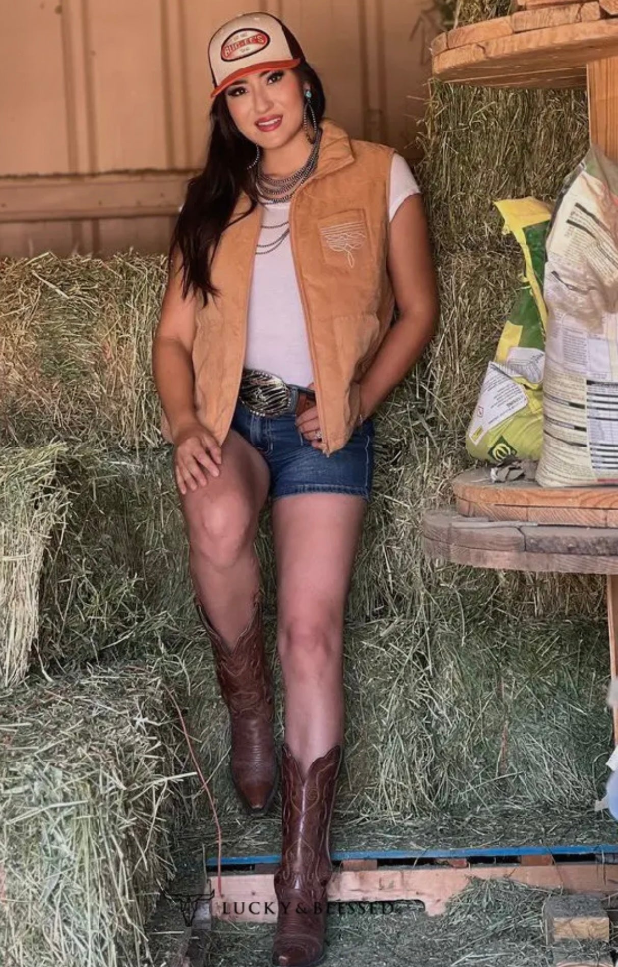 Camel Puffer W Aztec Lining Boot Stitch Detail Vest: