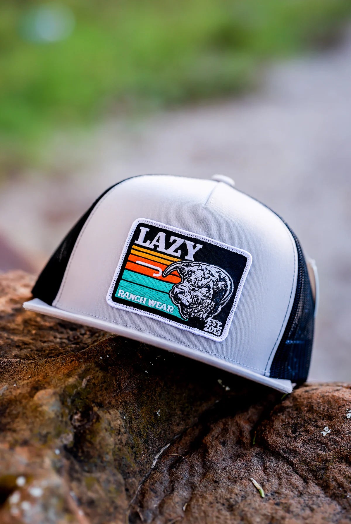 LAZY J RANCH SILVER GREY & BLACK DUSK SUNSET CLASSIC FIVE PANEL
TRUCKER HAT