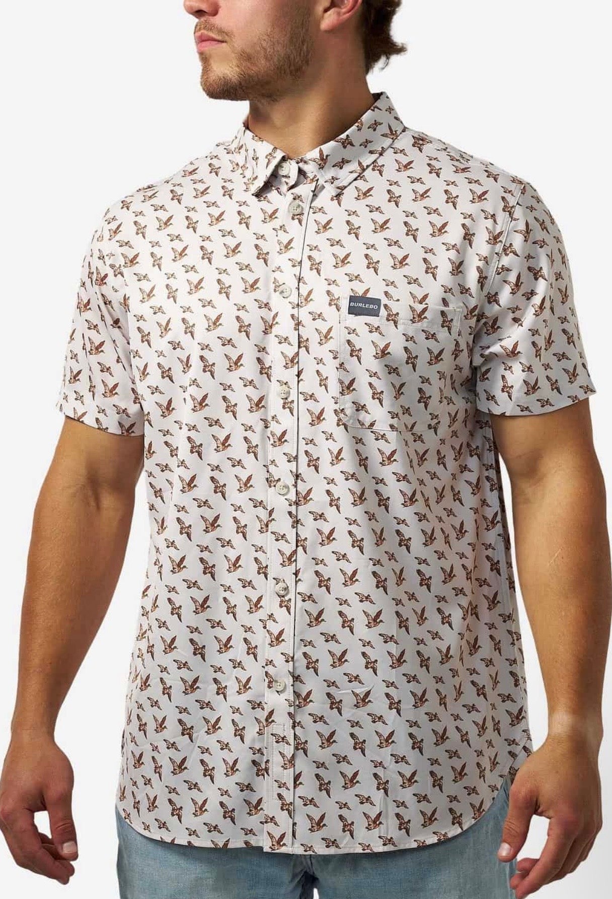 MALLARDS FLYING IN PERFORMANCE BUTTON UP Burlebo