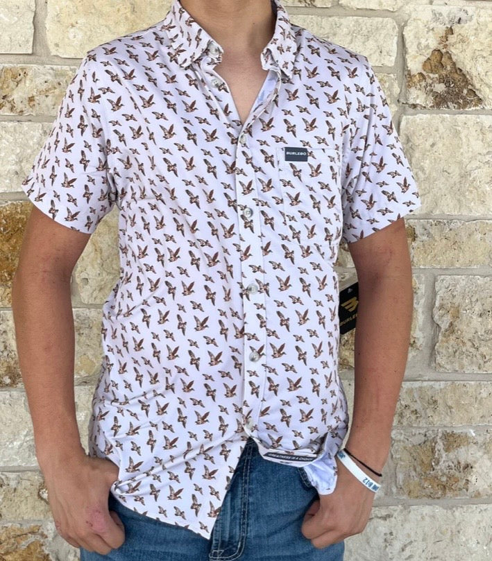 MALLARDS FLYING IN PERFORMANCE BUTTON UP Burlebo