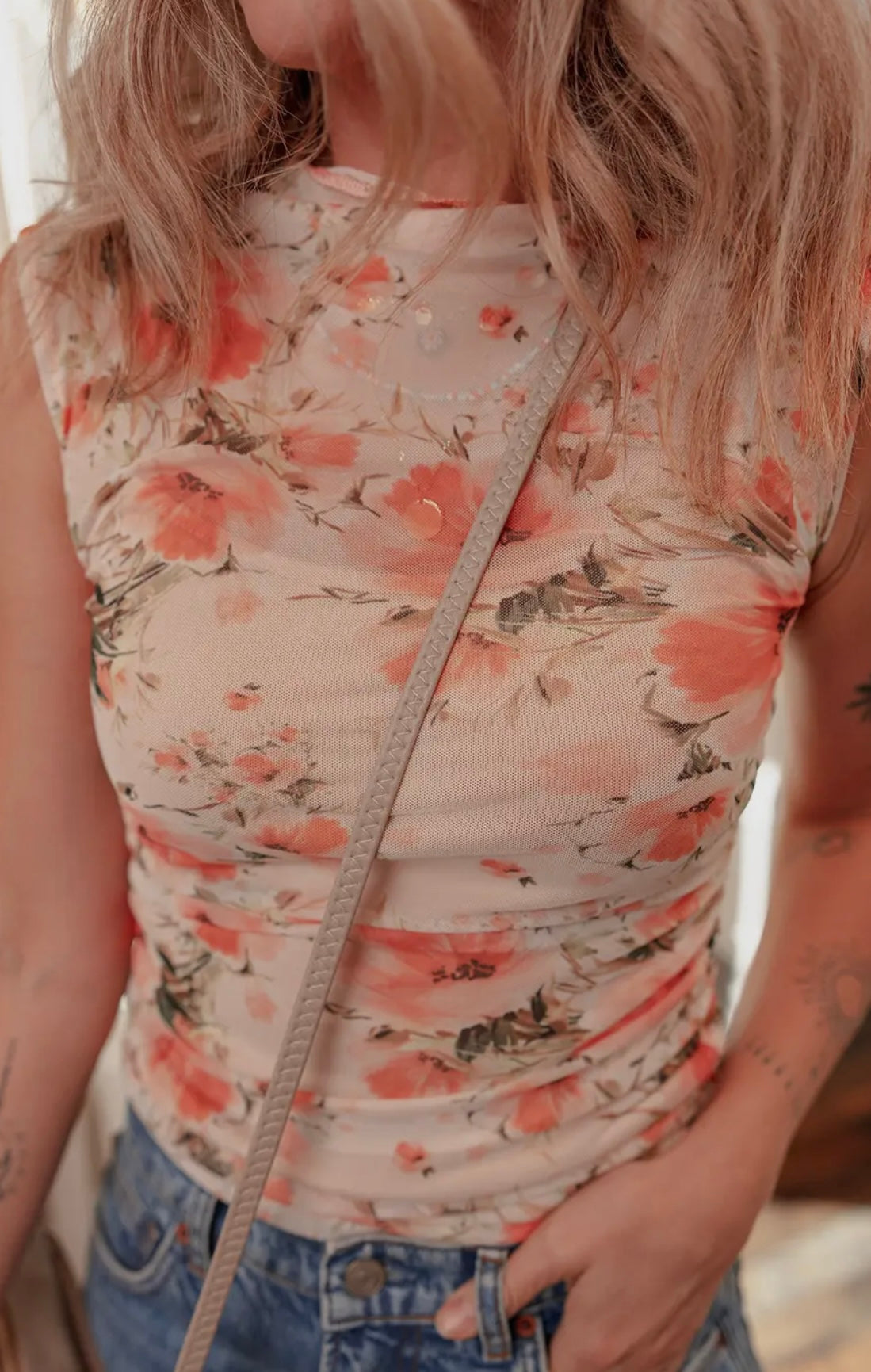 Floral mesh tank lined w cami top