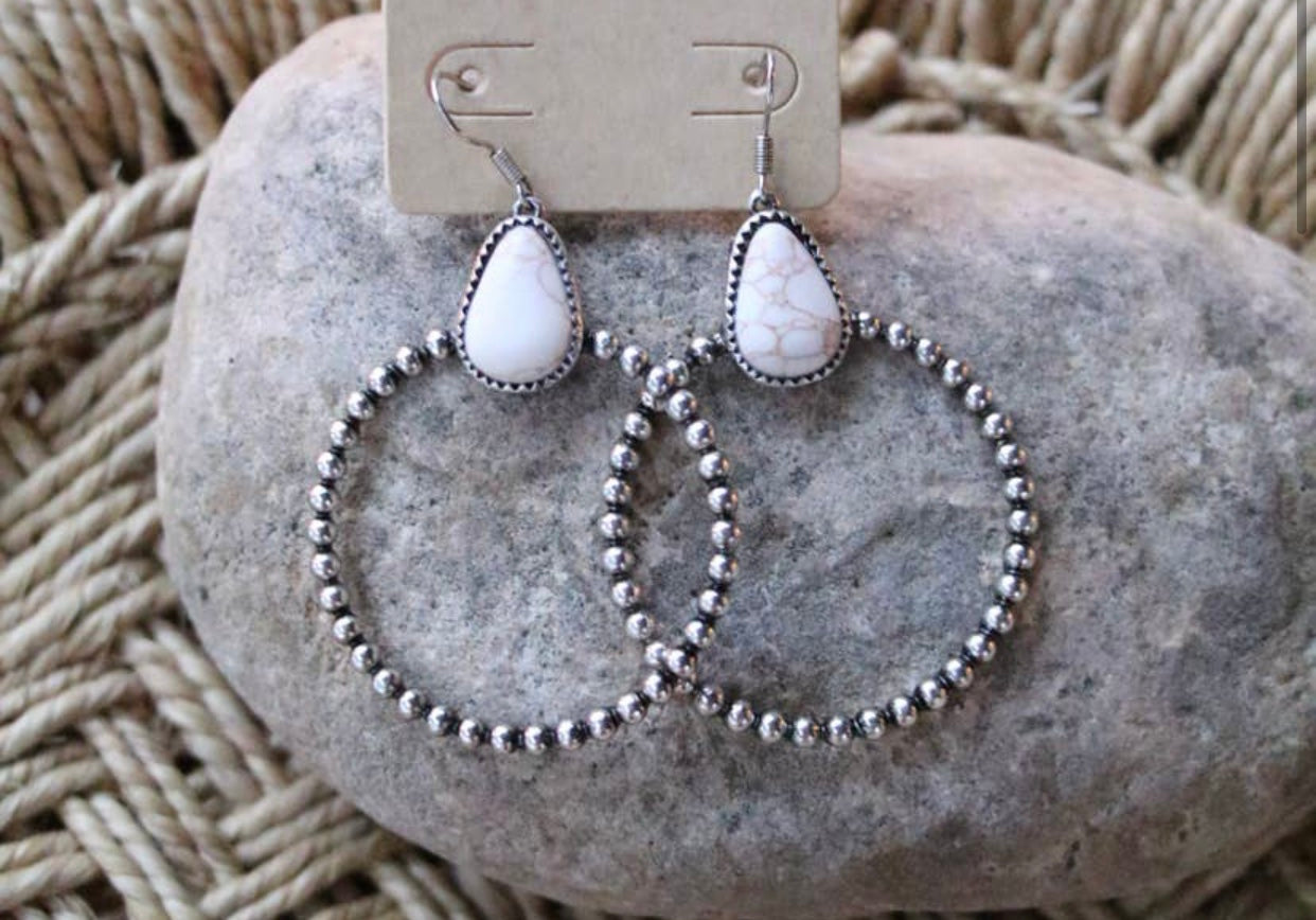 Silver hoop with natural bezel stone