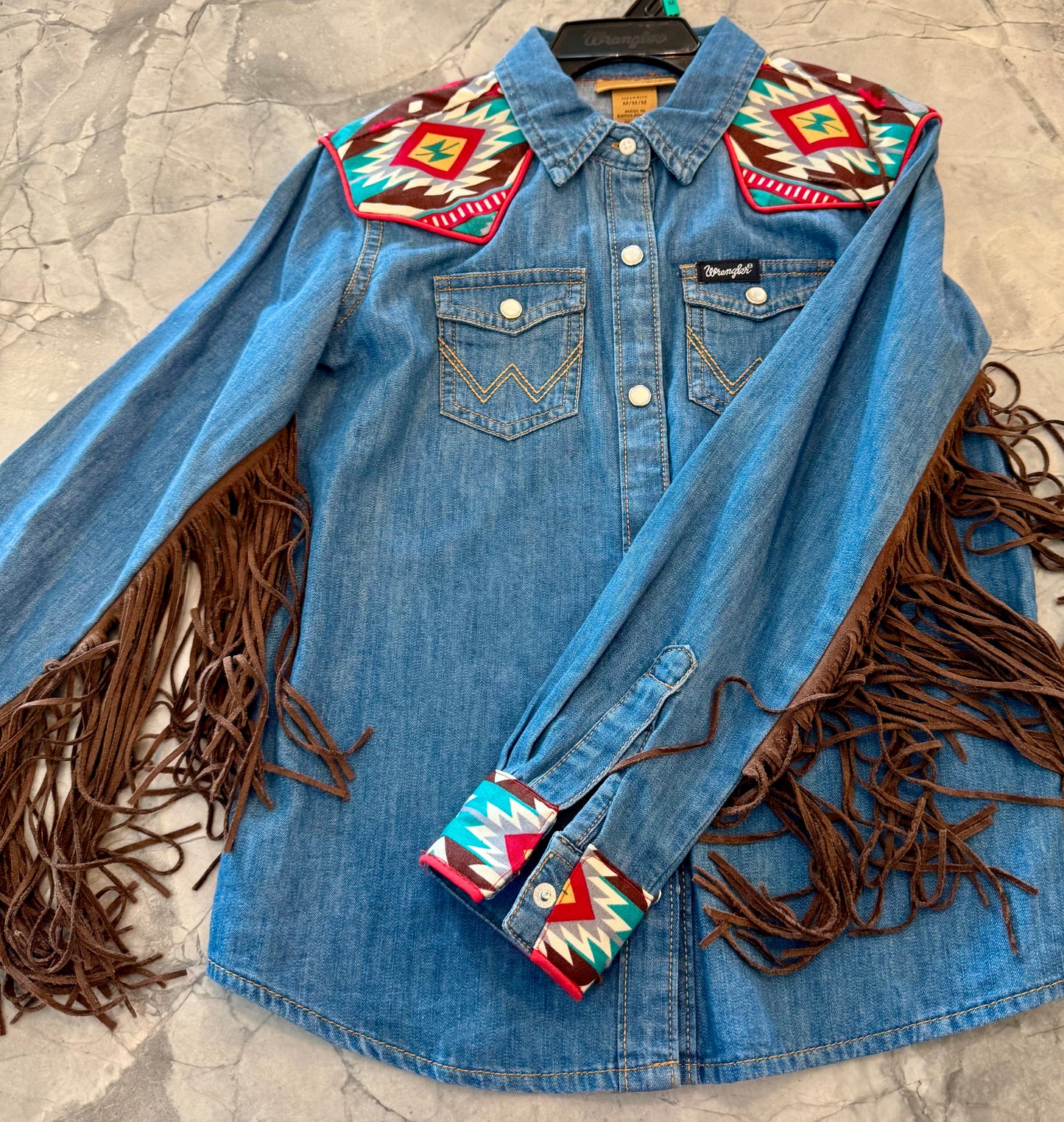 Dry gulley youth medium denim Aztec w fringe