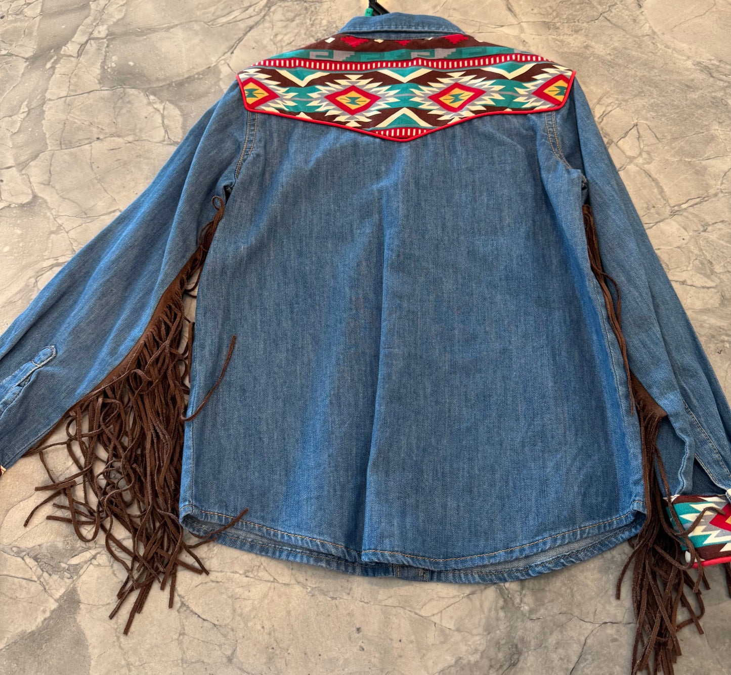 Dry gulley youth medium denim Aztec w fringe