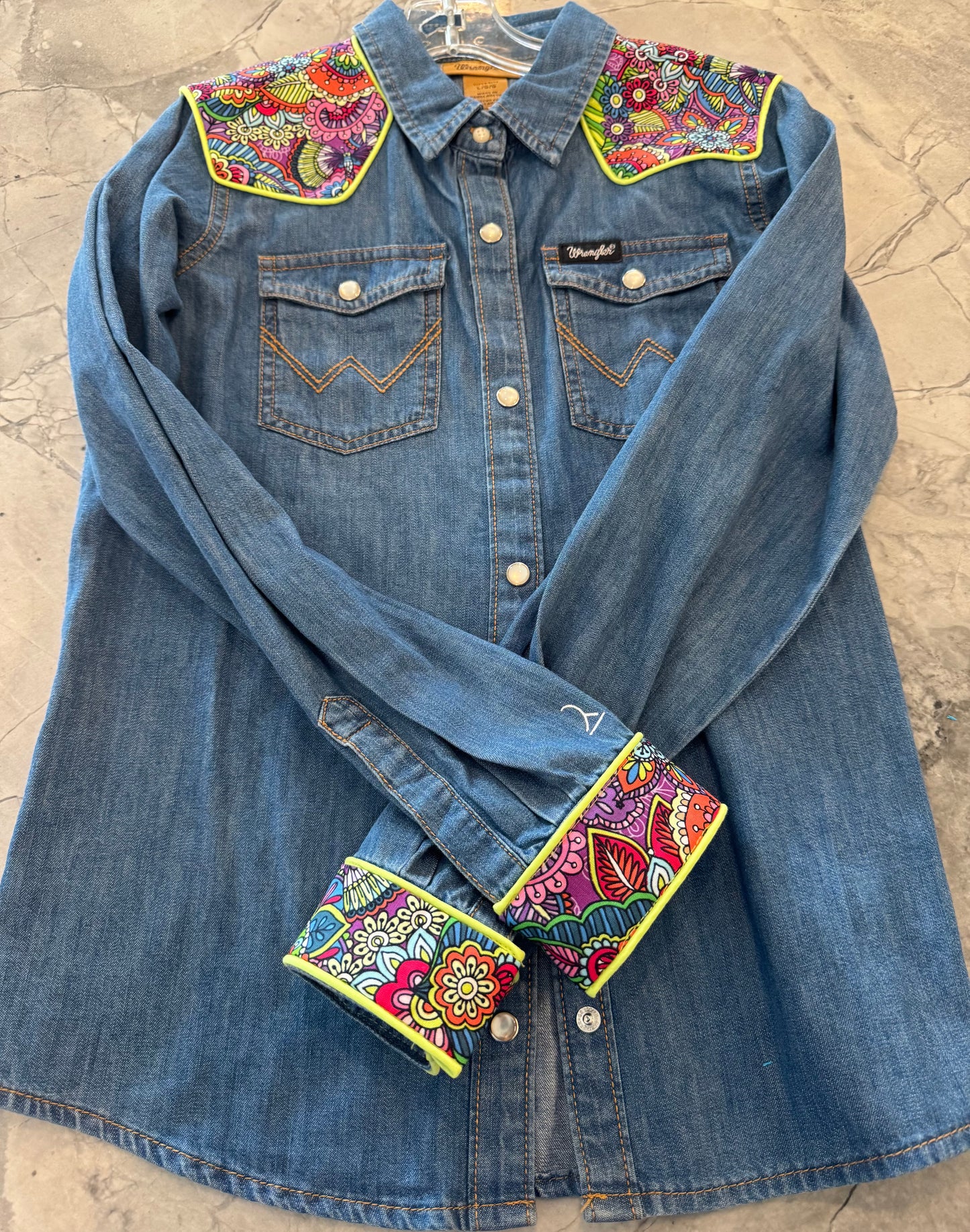 Dry gulley youth large denim with lime fringe