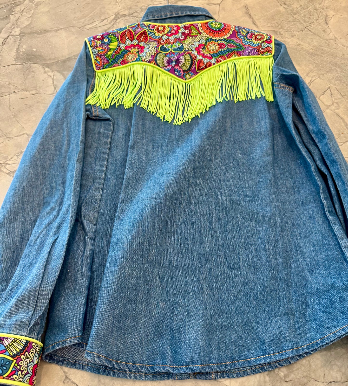 Dry gulley youth large denim with lime fringe