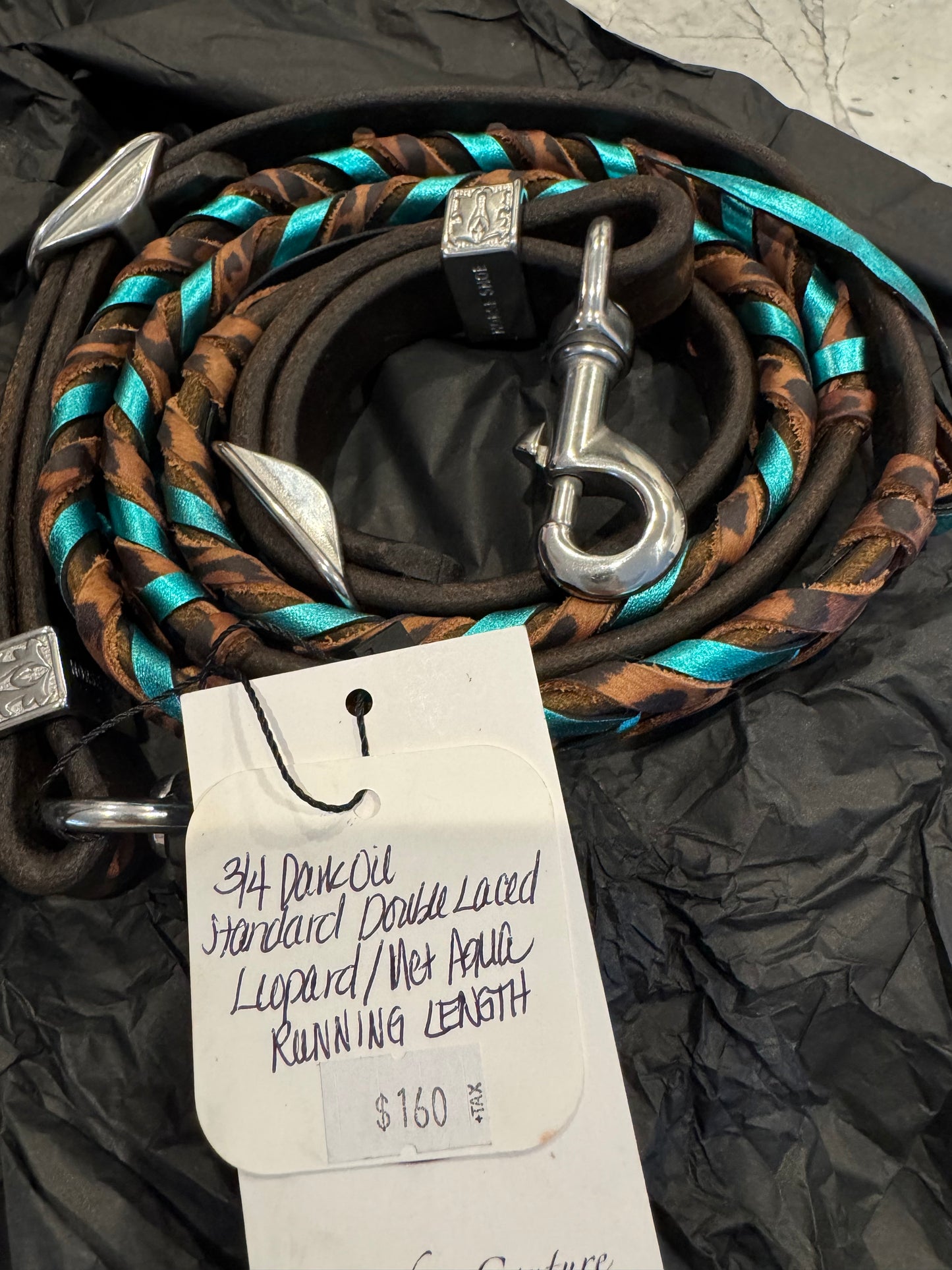 Cowboy couture 3/4 dk oil std double laced aqua/cheetah running length