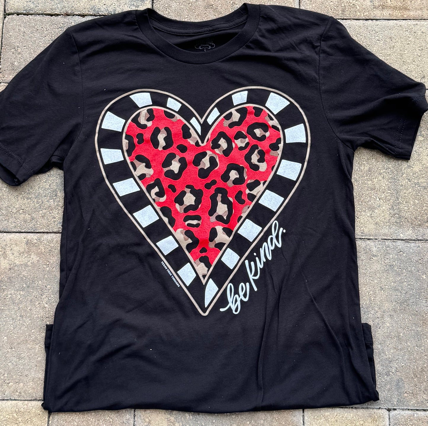 Be Kind Checkered/leopard heart tee