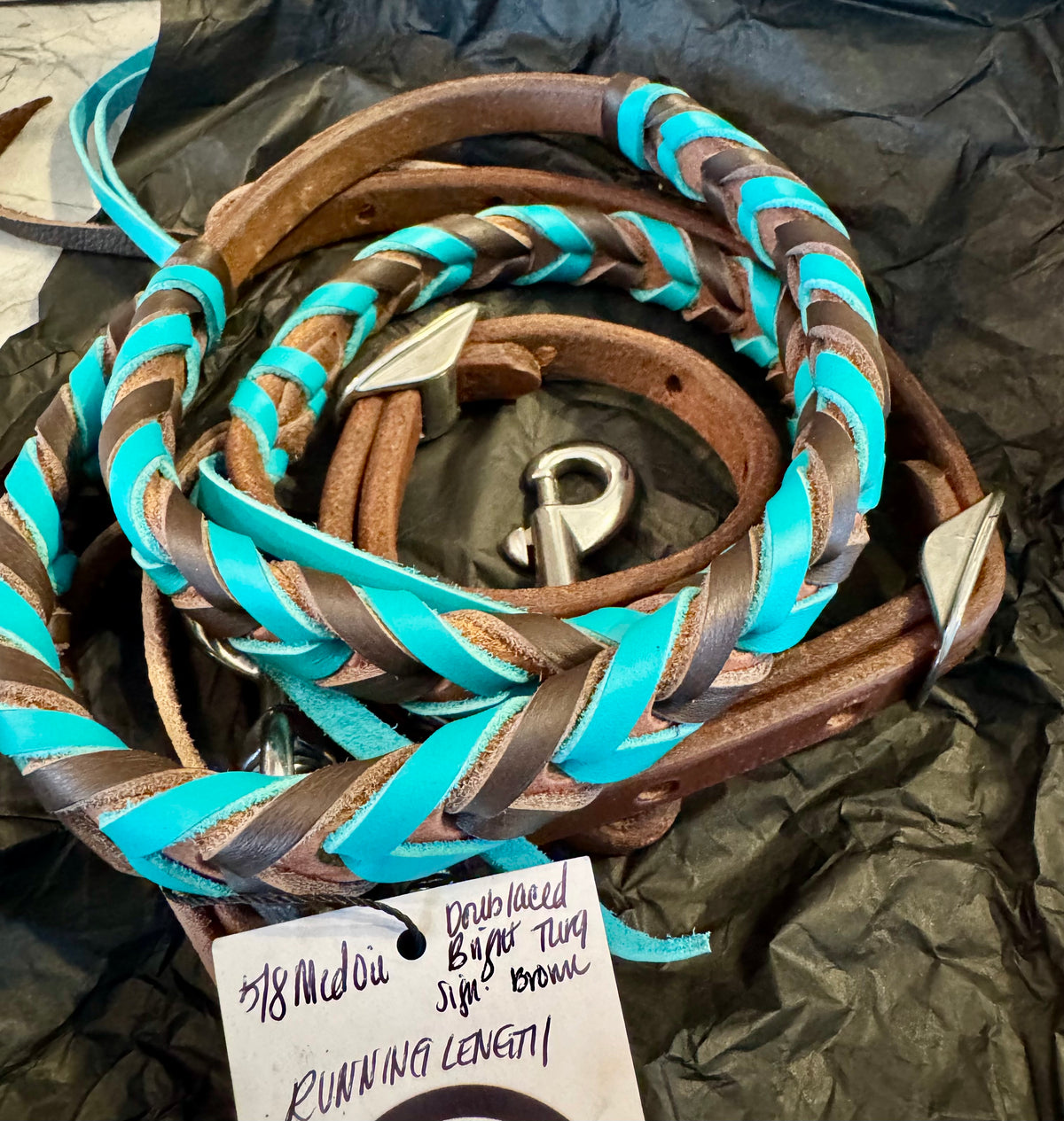 Cowboy couture 5/8 medium oil double laced bright turquoise and brown RUNNING length