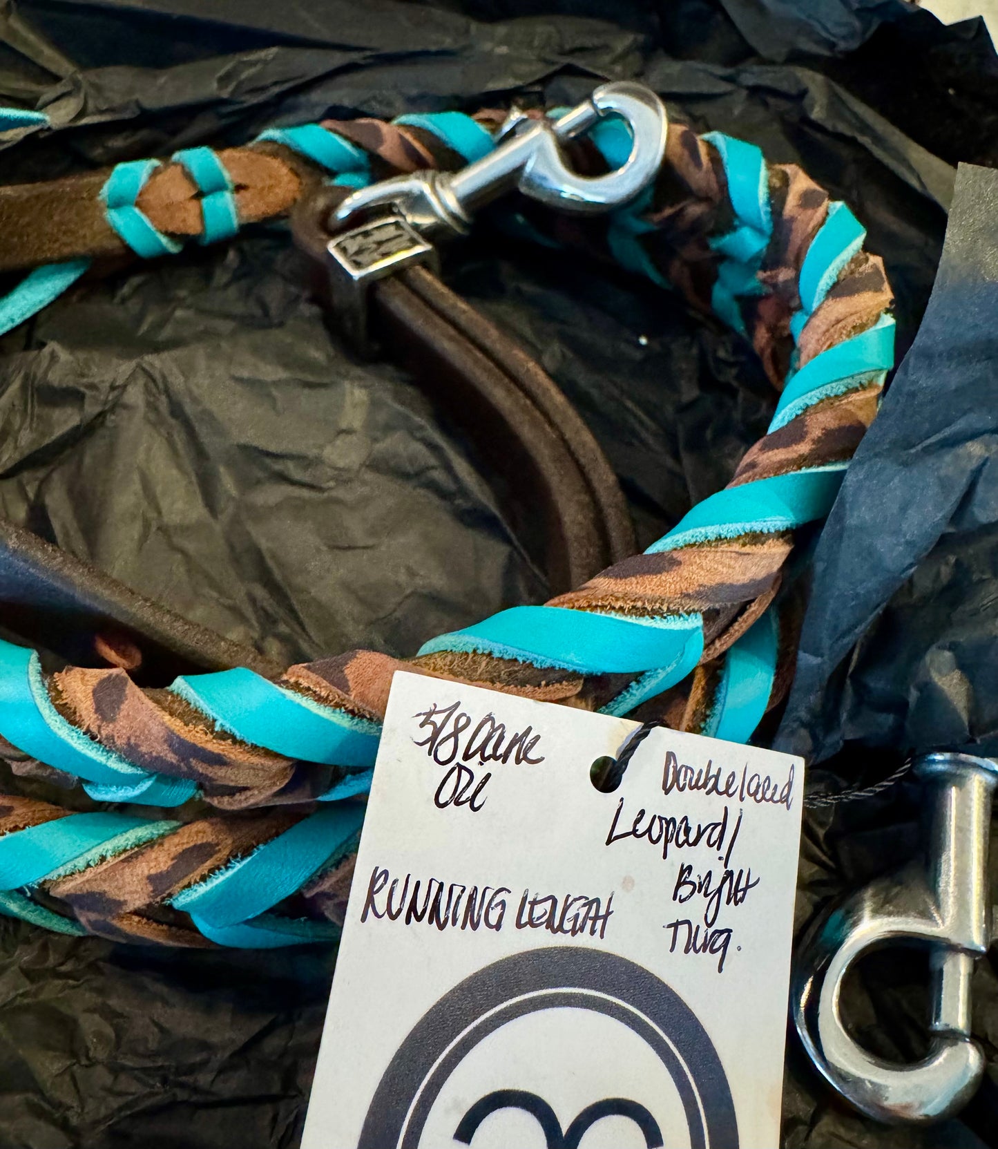 Cowboy Couture 5/8 dark oil double laced leopard and bright turquoise RUNNING length