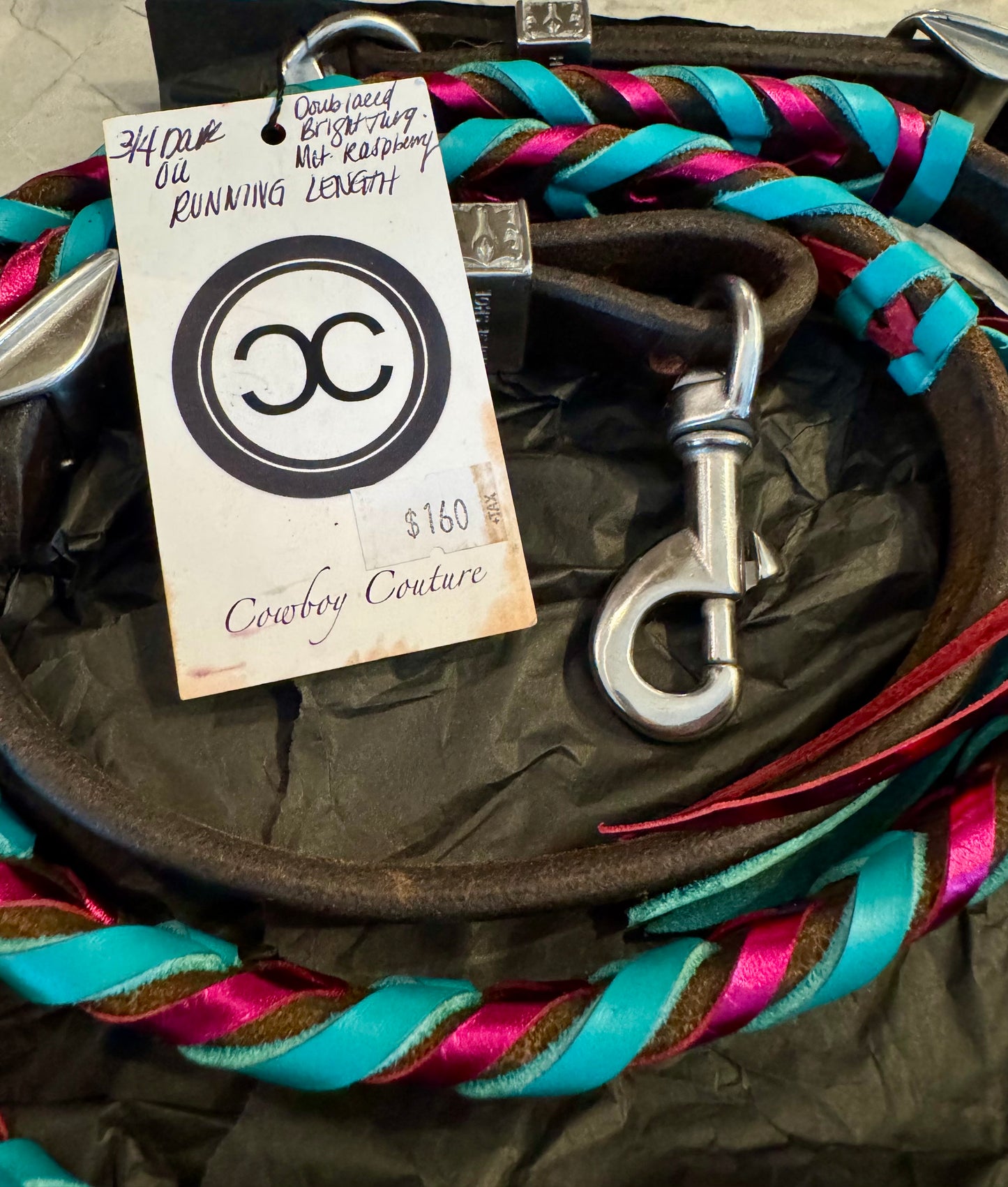 Cowboy couture 3/4 dk oil double laced bright turq and metallic raspberry RUNNING length