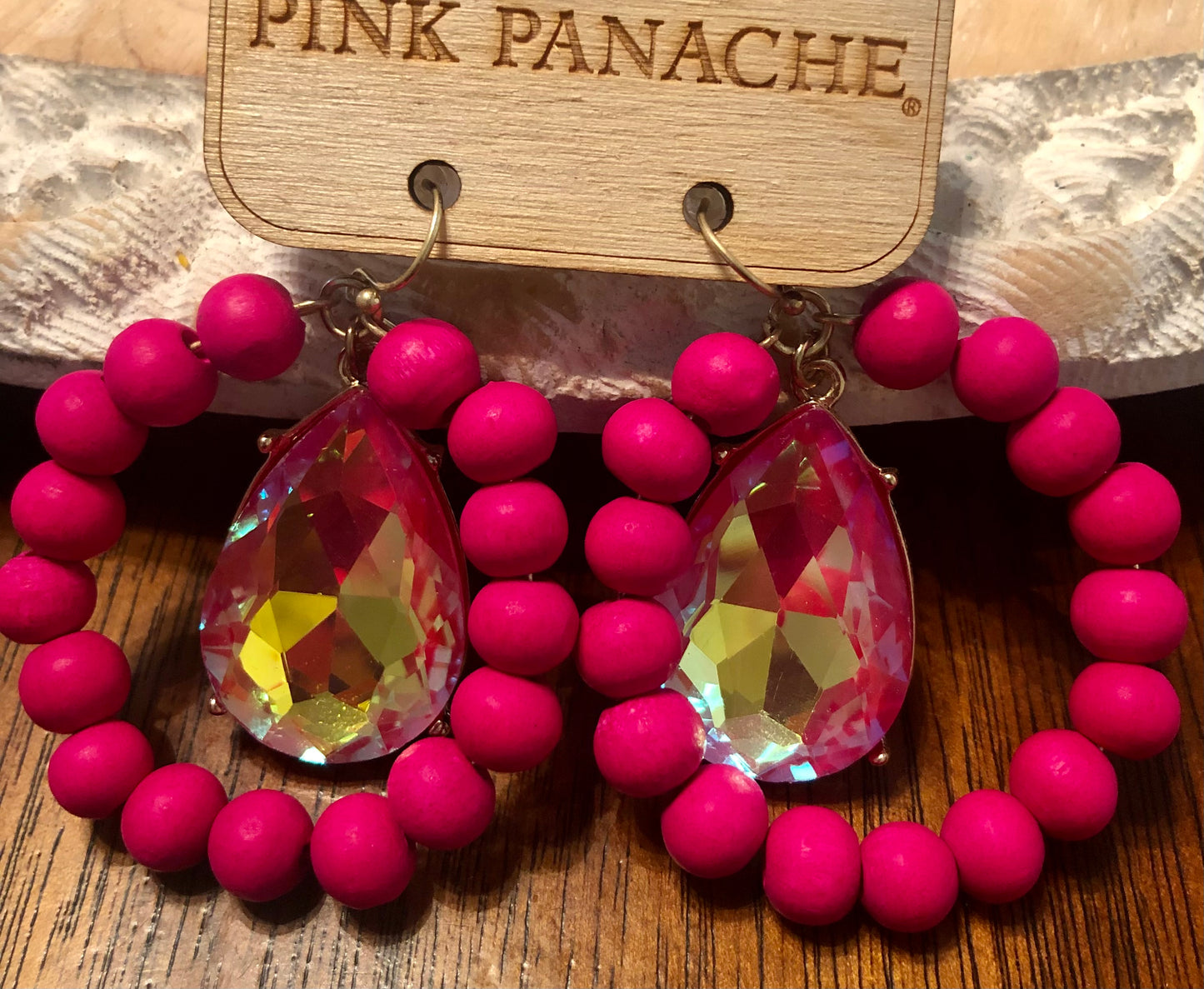 Fuschia wood bead/teardrop earrings