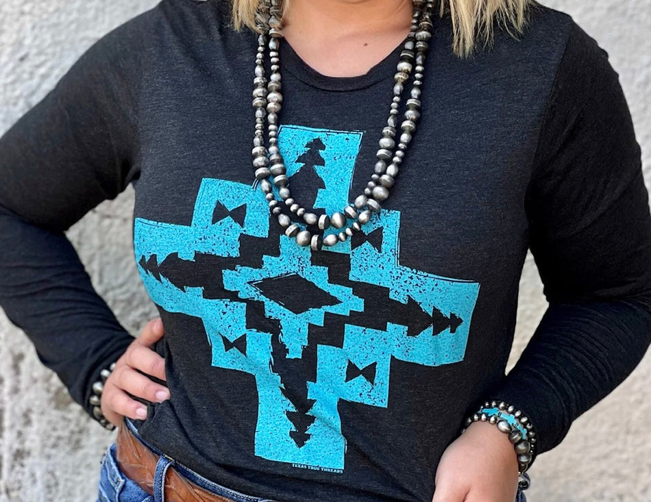 Turquoise cross long sleeved tee
