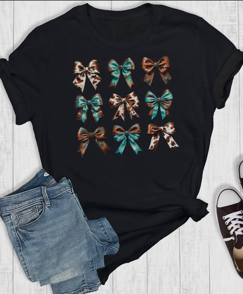 Cowprint/turquoise bows tee
