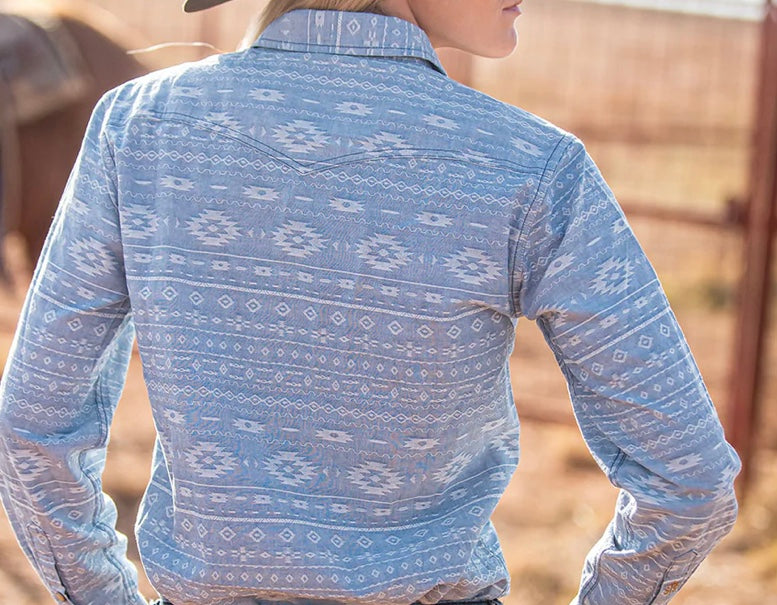 STS Ranchwear long sleeved chambray and Aztec top