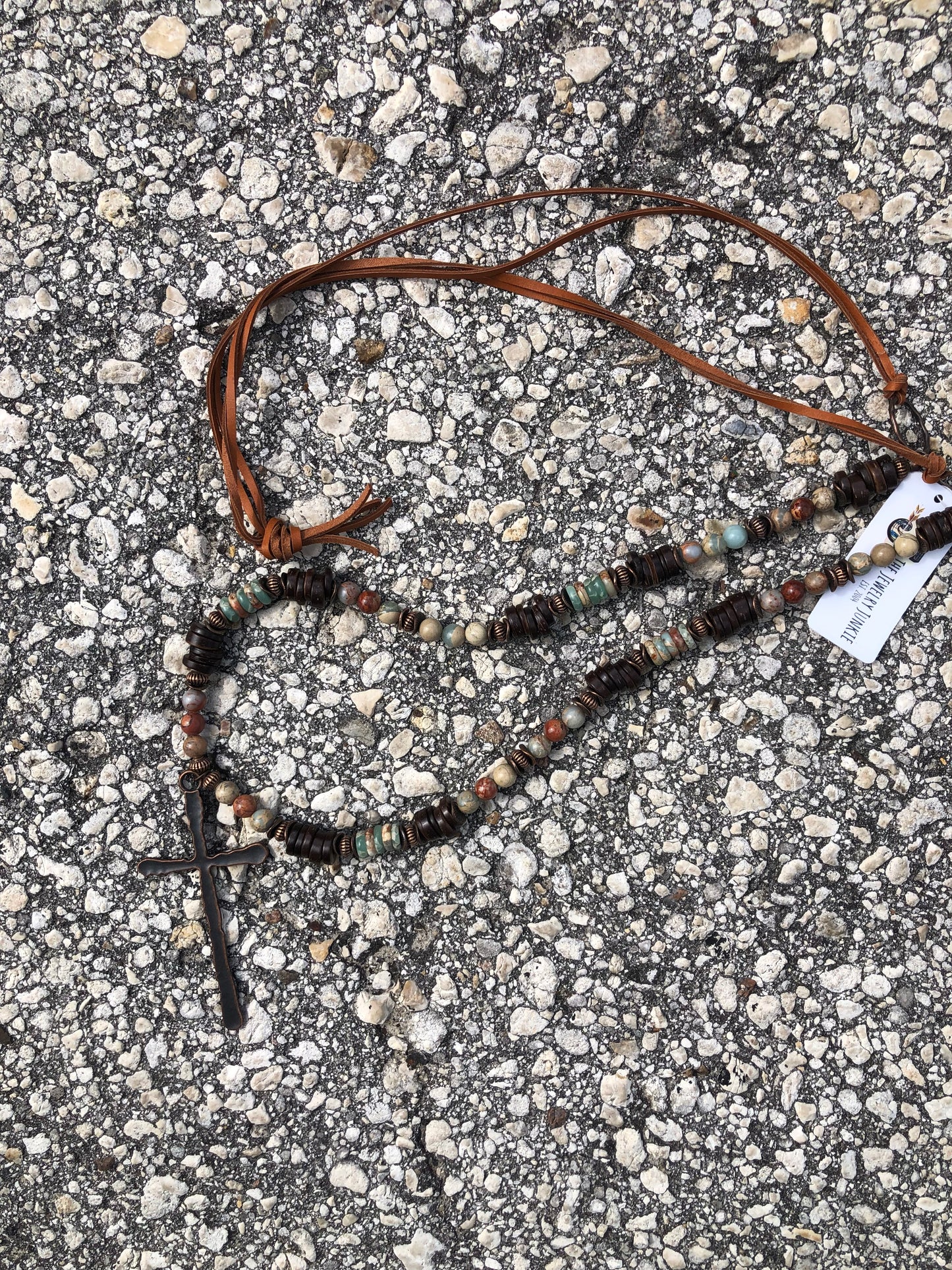 Jewelry Junkie natural stone and bronze cross necklace