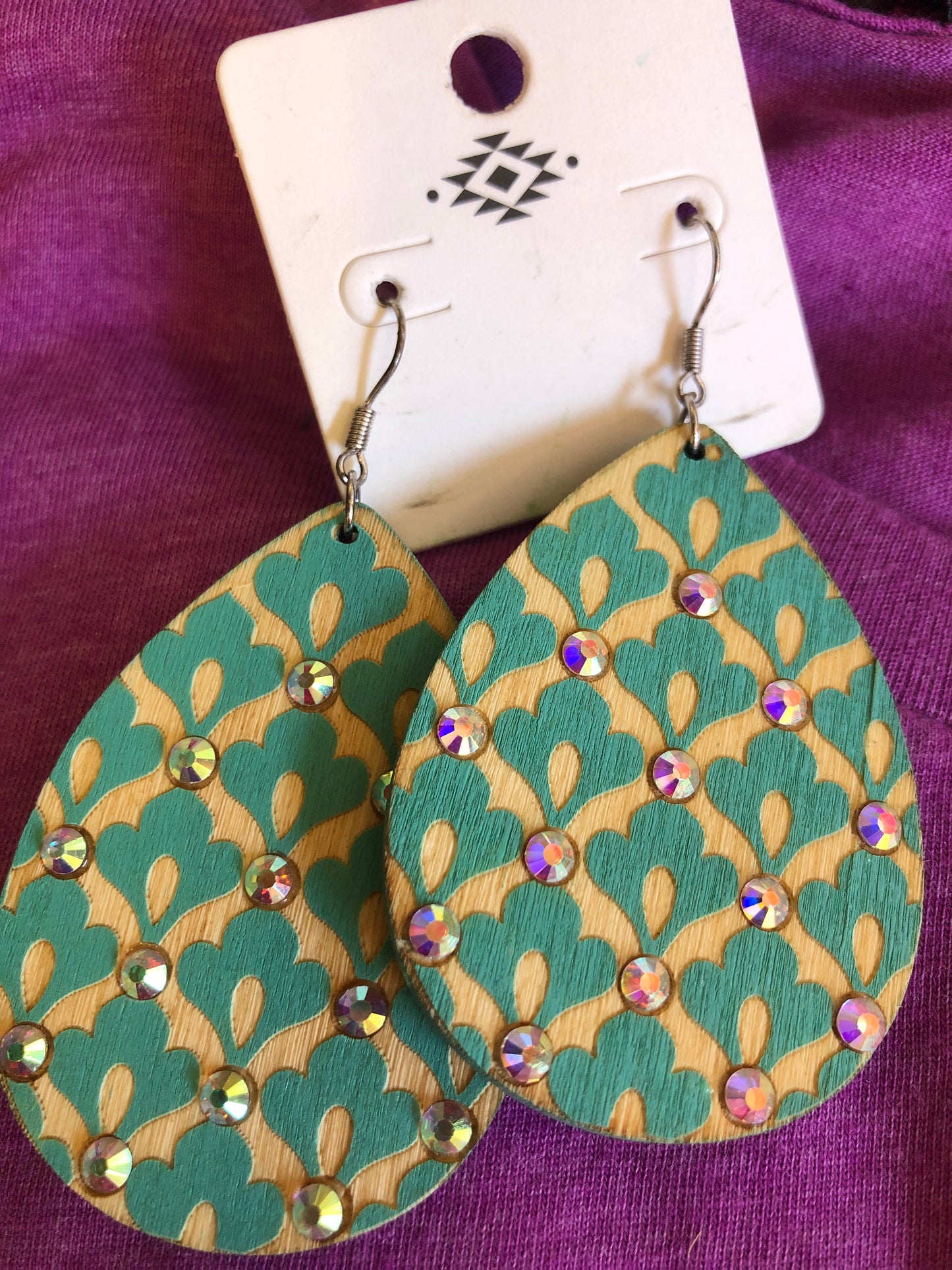 Wooden turquoise with lavender rhinestones