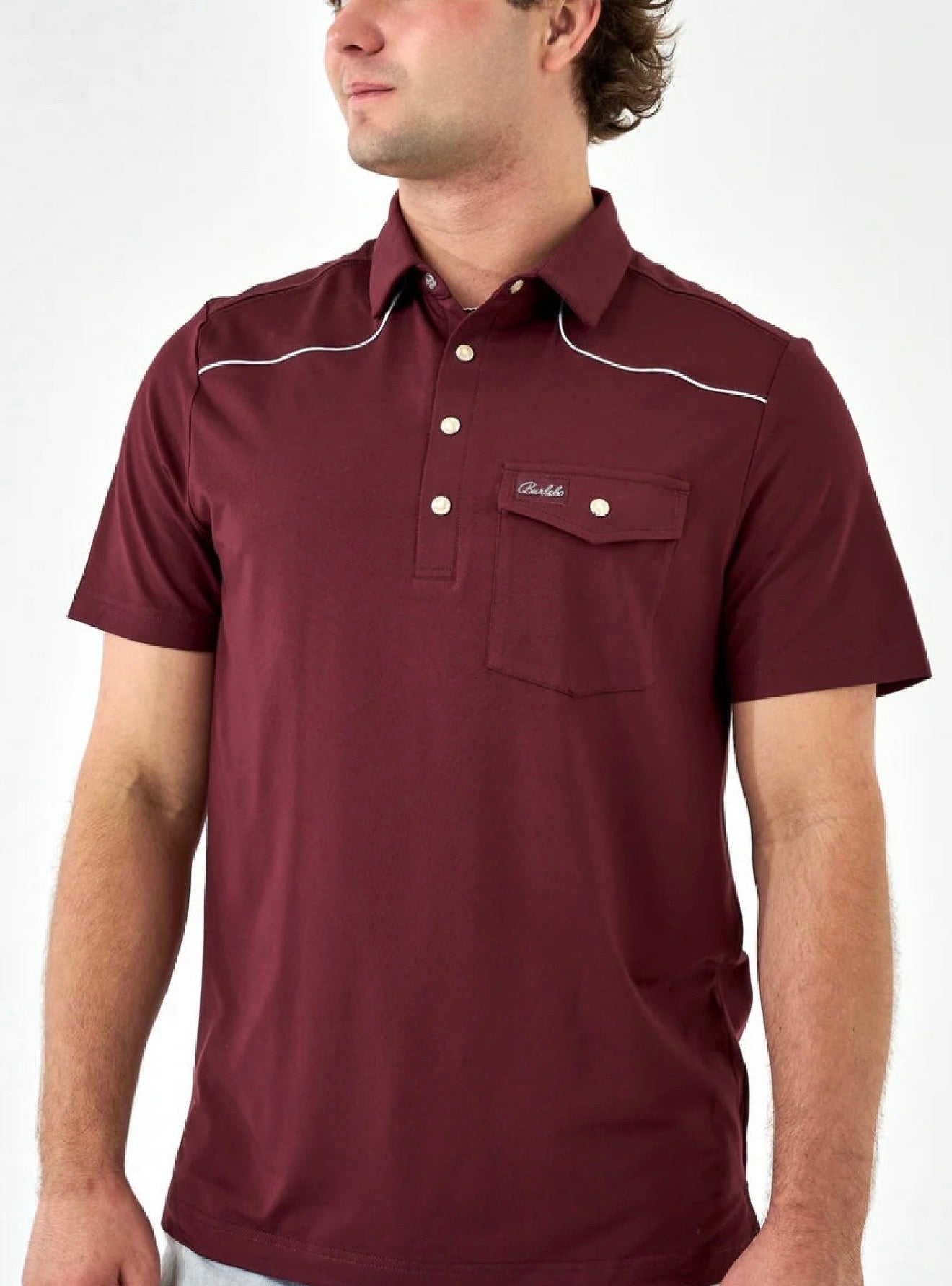 Maroon Pearl Snap Performance Polo Burlebo Fl/Tx