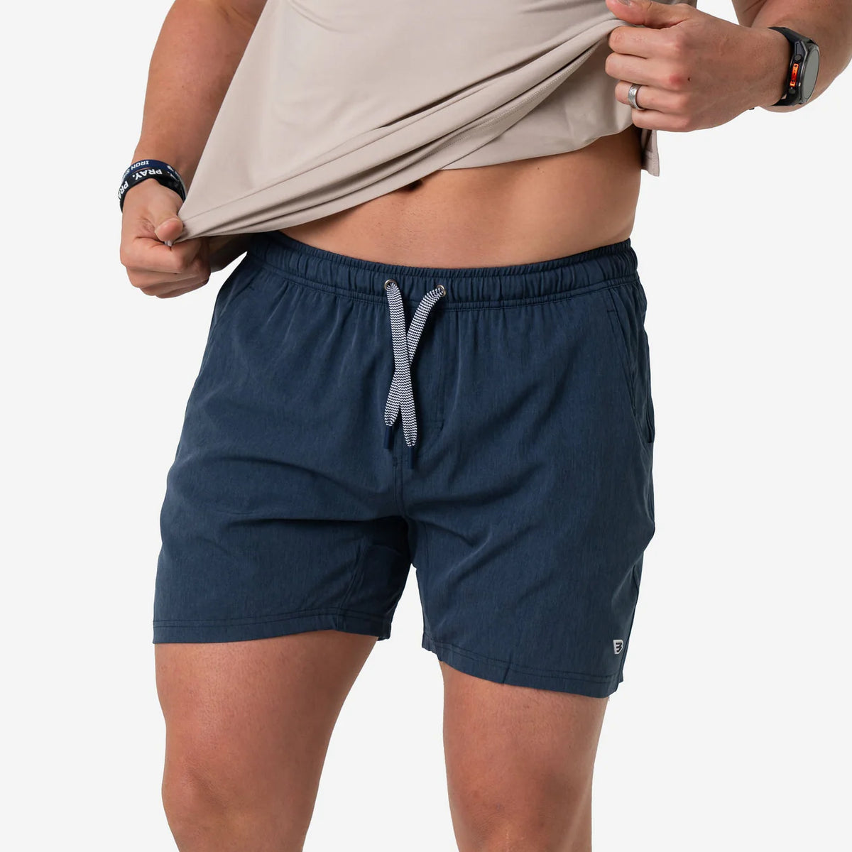 Heather Navy Burlebo Athletic Shorts With American Flag Liner and Pocket Fl
