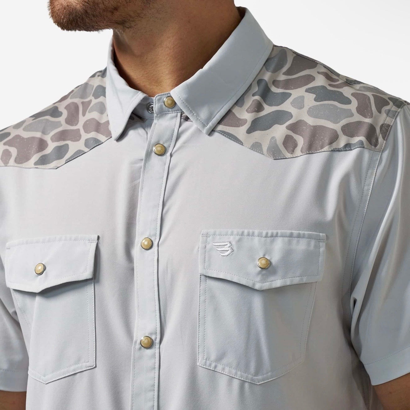 Bird SZN Light Grey/Classic Deer Camo Burlebo  Performance Western Pearl Snap Shirt Tx/ Fl