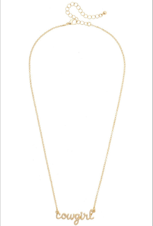 Cowgirl Cursive Necklace in Shiny Gold Canvas