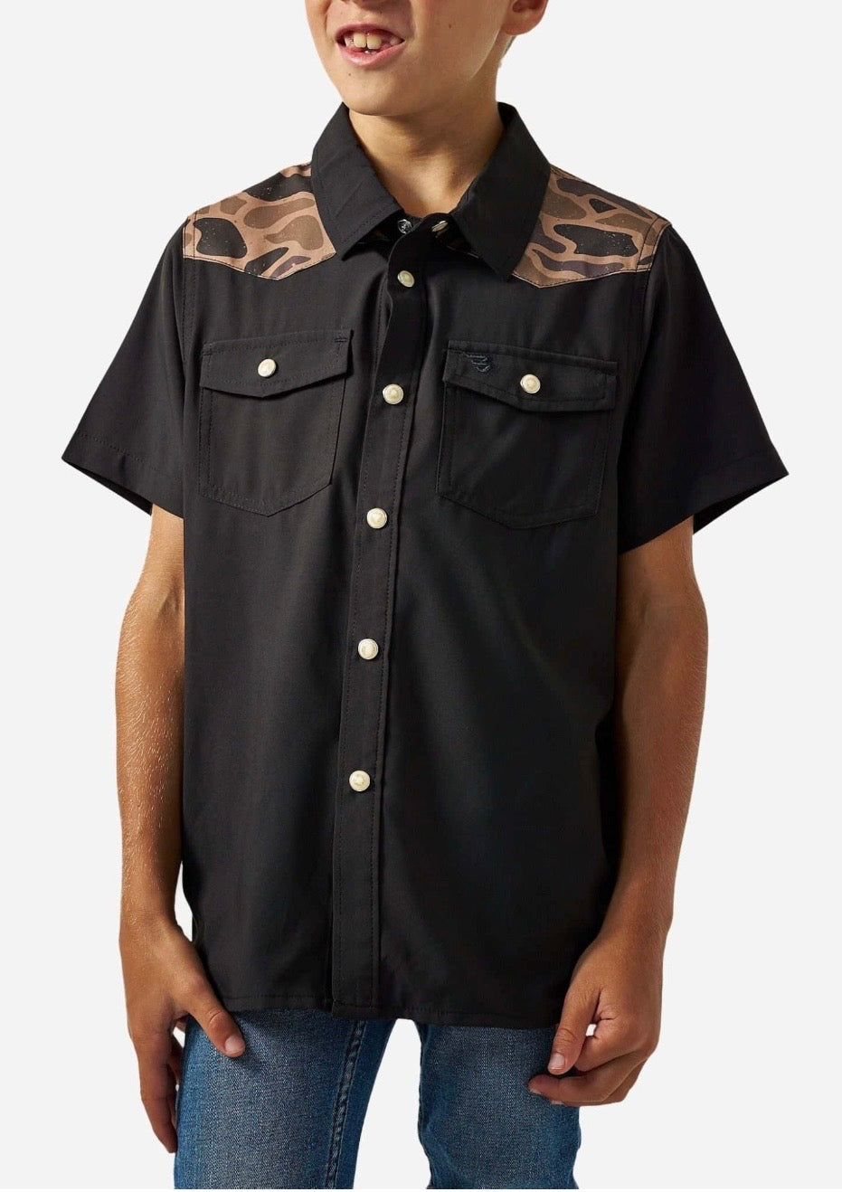 Deer SZN Black and Gauge Camo Burlebo Western Performance Shirt with Pearl Snaps Fl/ Tx