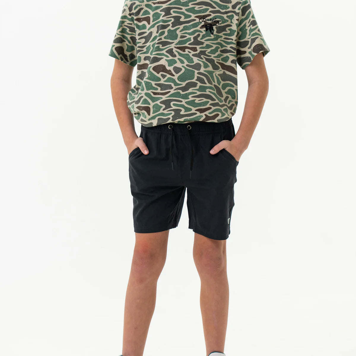 Heather Black Youth Everyday Shorts with Retro Duck Camo Pocket Burlebo (TX)