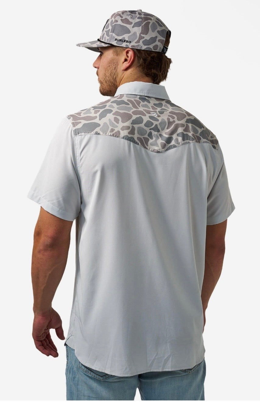 Bird SZN Light Grey/Classic Deer Camo Burlebo  Performance Western Pearl Snap Shirt Tx/ Fl