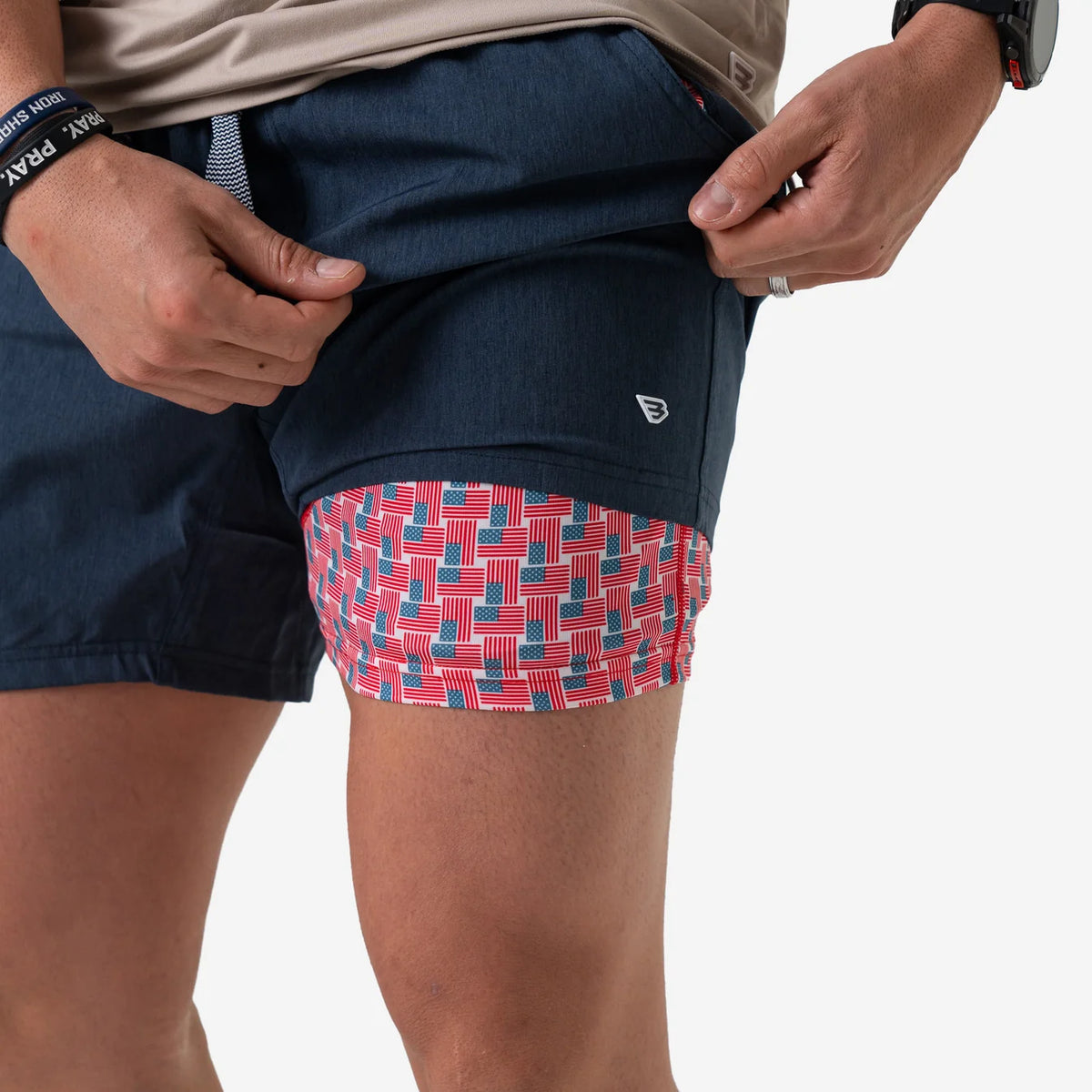 Heather Navy Burlebo Athletic Shorts With American Flag Liner and Pocket Fl
