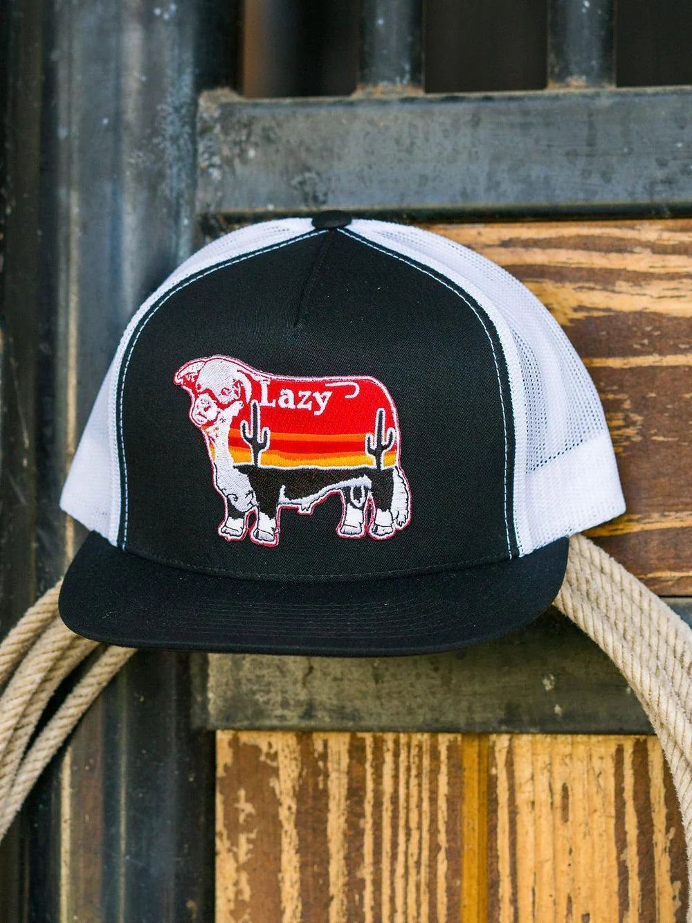 Lazy J Black & White Sunrise Bull Classic Five Panel Trucker Hat