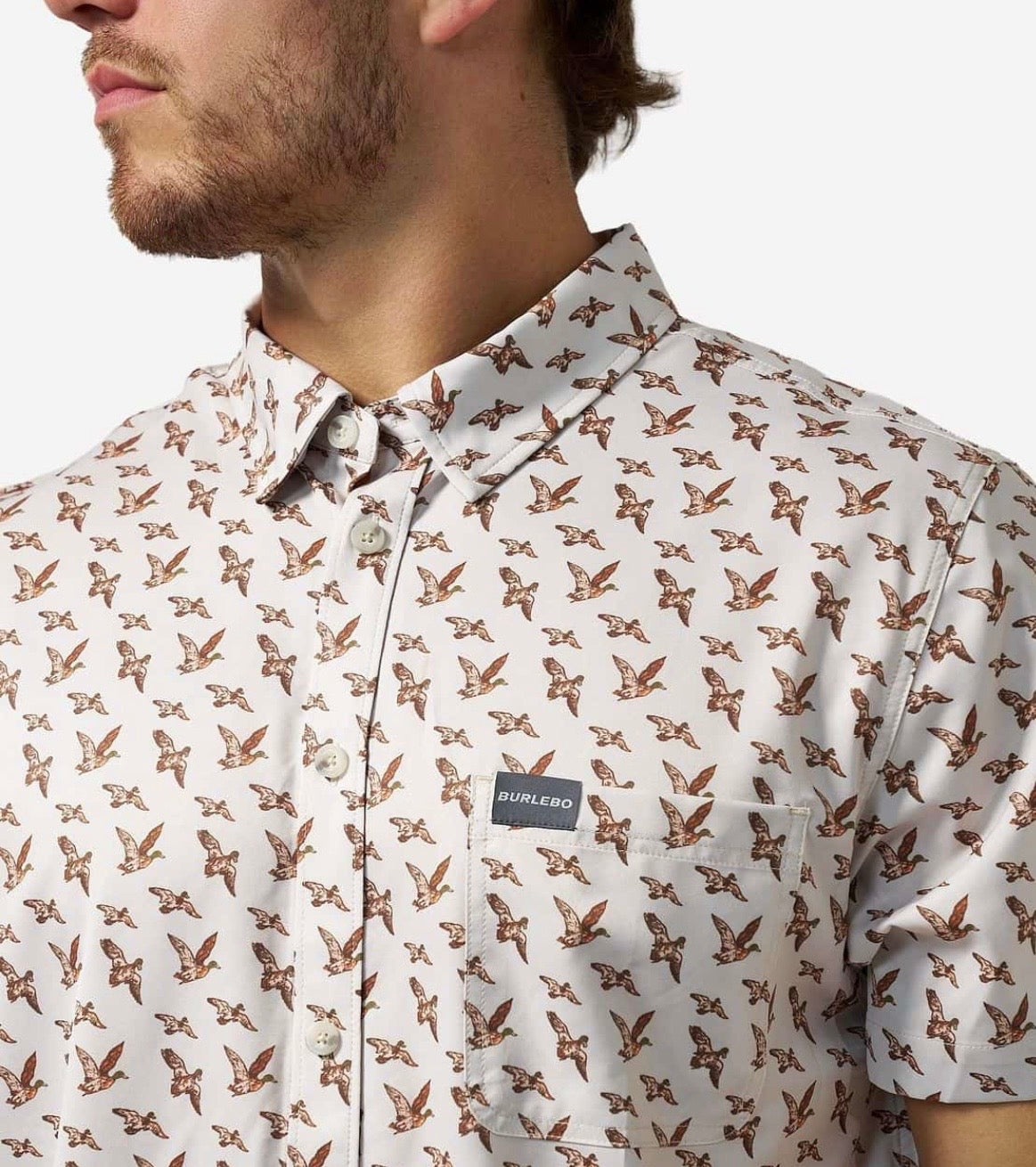 MALLARDS FLYING IN PERFORMANCE BUTTON UP Burlebo