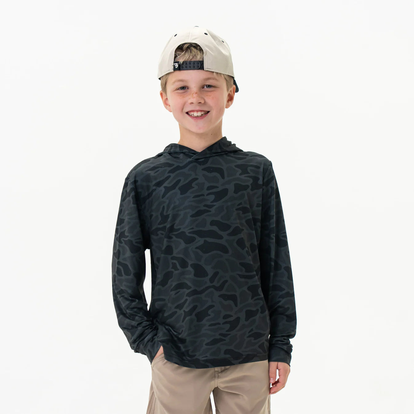 Youth Black Camo Burlebo Performance Hoodie With UPF 50 Sun Protection Fl