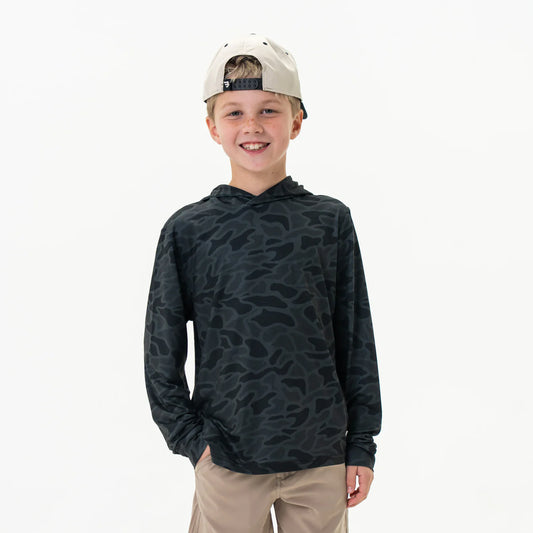 Youth Black Camo Burlebo Performance Hoodie With UPF 50 Sun Protection Fl