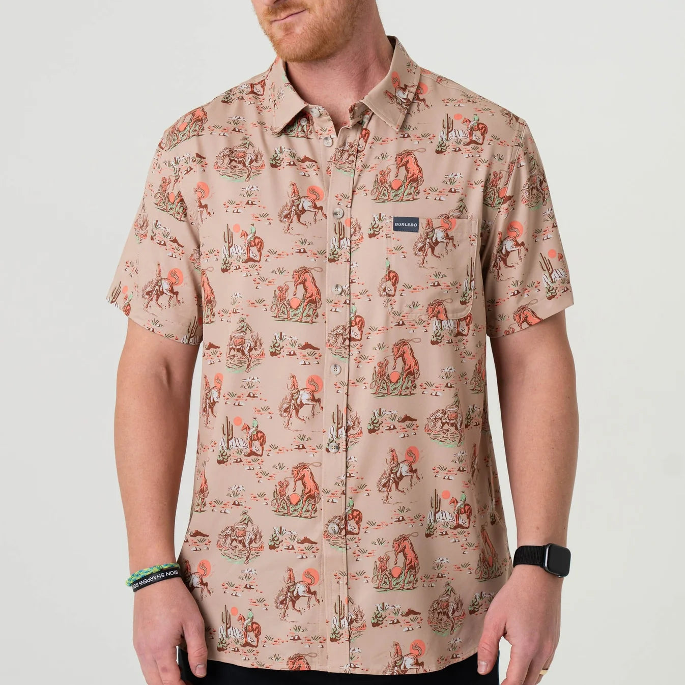 Cowboy Up Khaki Performance Button Up Burlebo Shirt