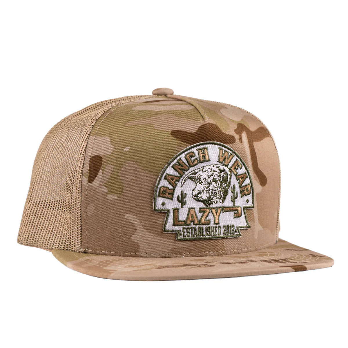 LAZY J RANCH CAMO OLIVE ARROWHEAD CLASSIC FIVE
PANEL TRUCKER HAT
