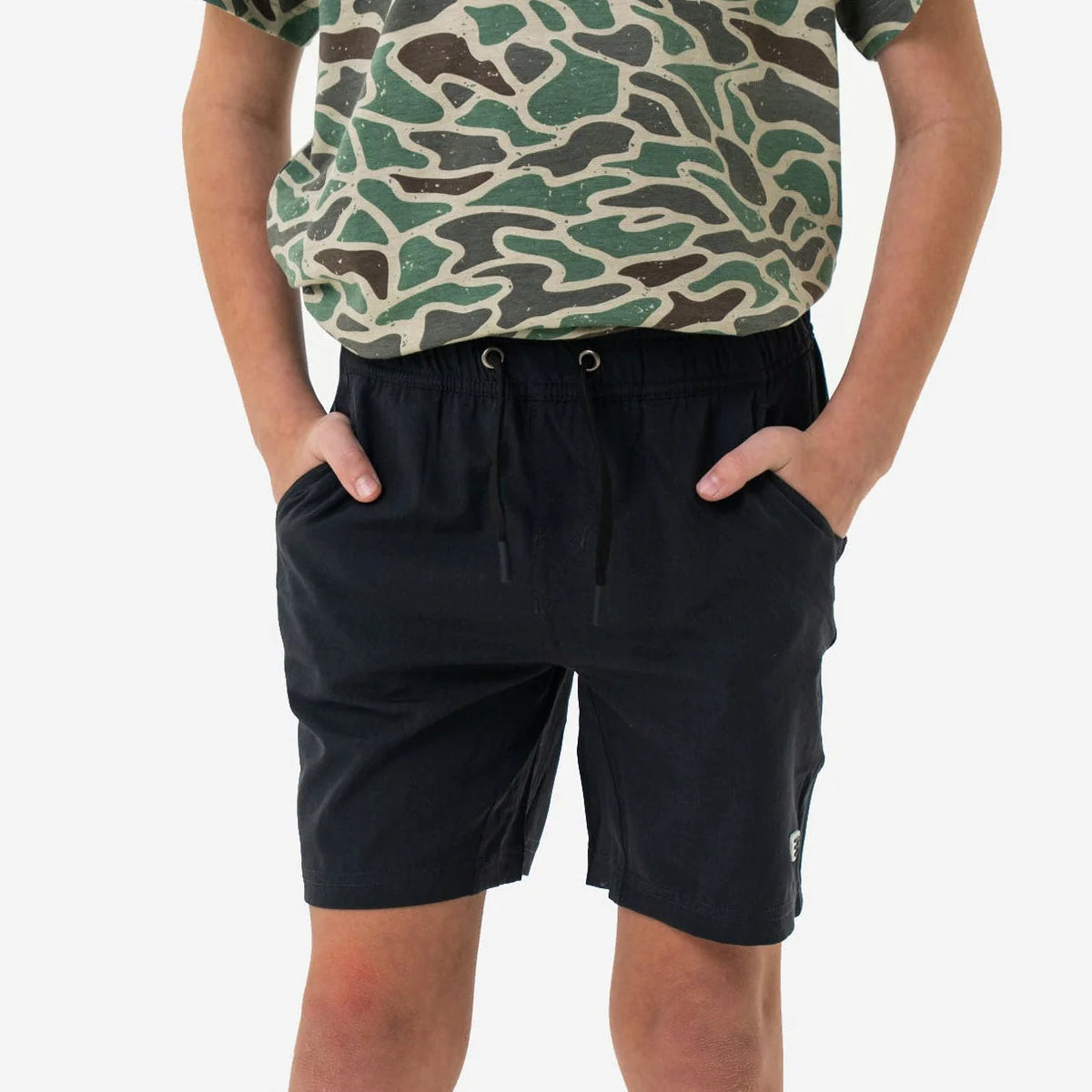 Heather Black Youth Burlebo Athletic Shorts with Retro Duck Camo pocket and liner Fl