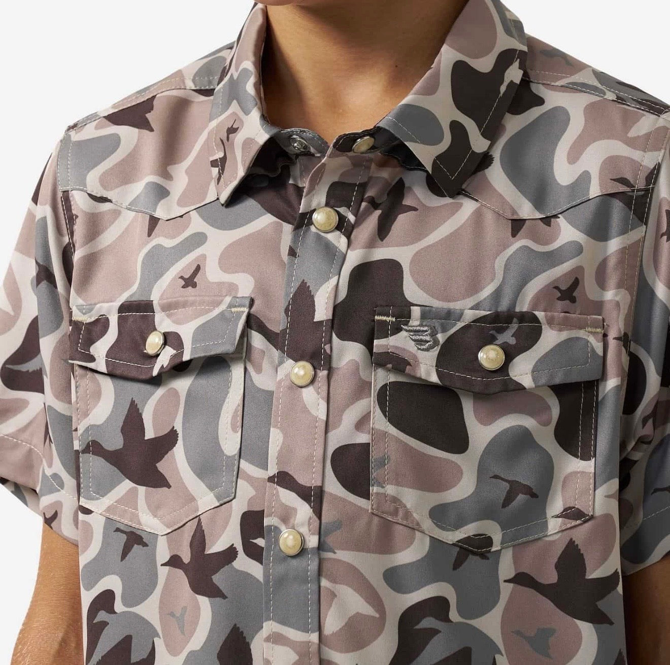 Mallard Mayhem Camo Youth Burlebo Performance Western Shirt With Pearl Snaps Fl/ Tx