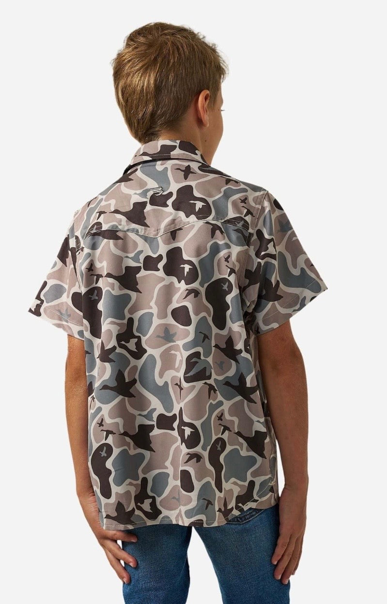 Mallard Mayhem Camo Youth Burlebo Performance Western Shirt With Pearl Snaps Fl/ Tx