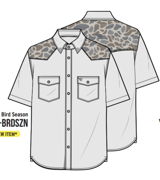 Bird SZN  Light Grey and Classic Deer Camo Youth Burlebo Performance Western Shirt with Pearl Snaps Fl/Tx