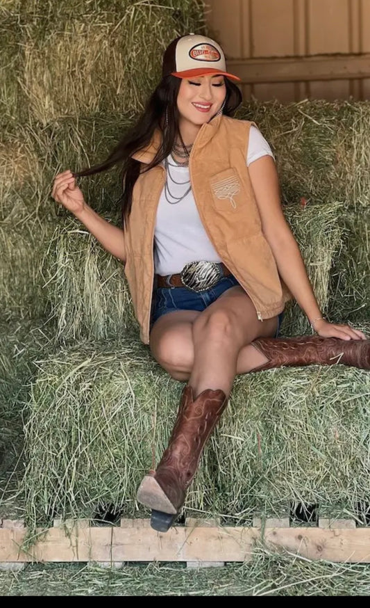 Camel Puffer W Aztec Lining Boot Stitch Detail Vest: