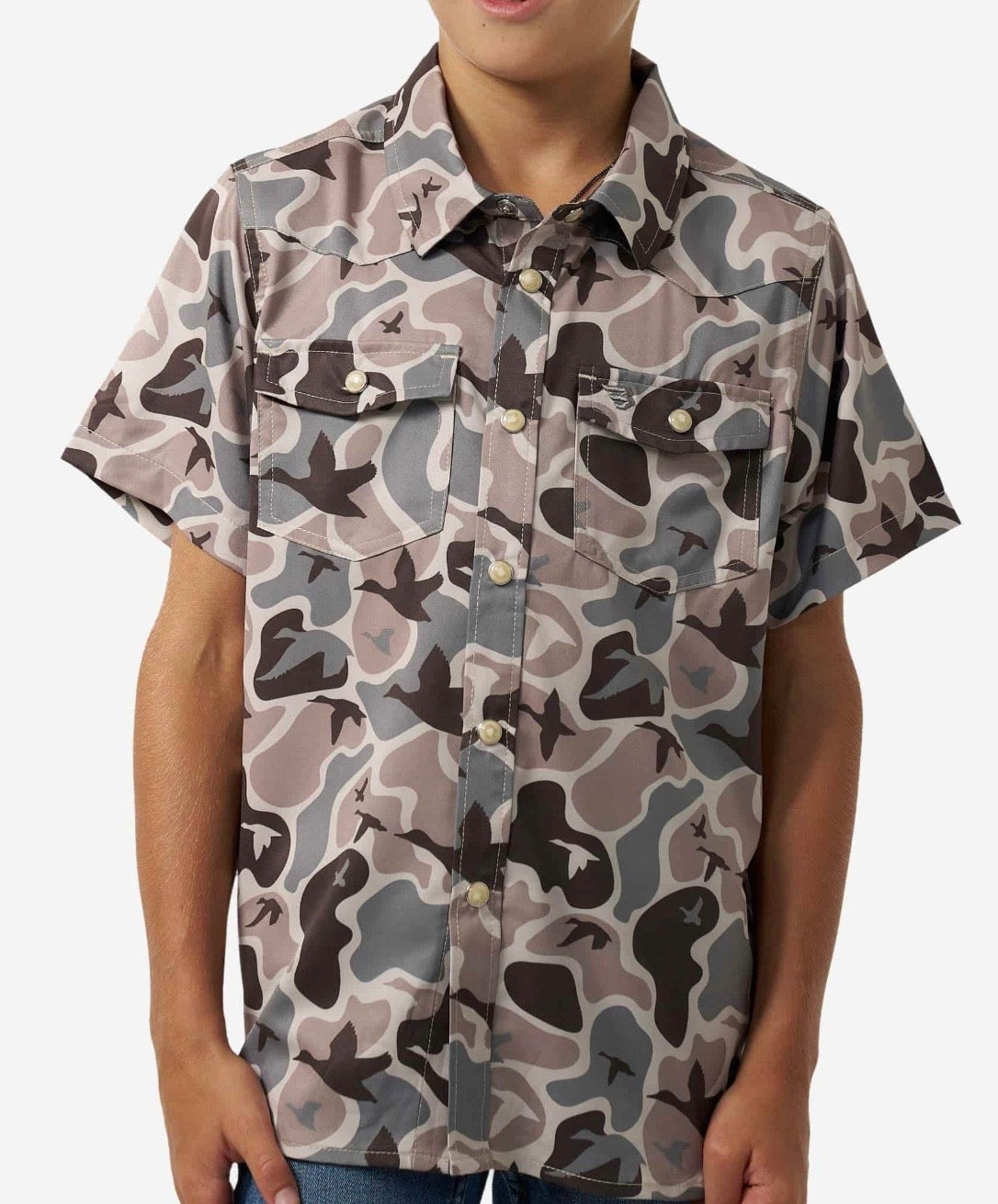 Mallard Mayhem Camo Youth Burlebo Performance Western Shirt With Pearl Snaps Fl/ Tx