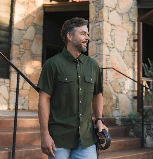 Mallard Green Short Sleeve Performance Western Burlebo Shirt with Pearl Snaps