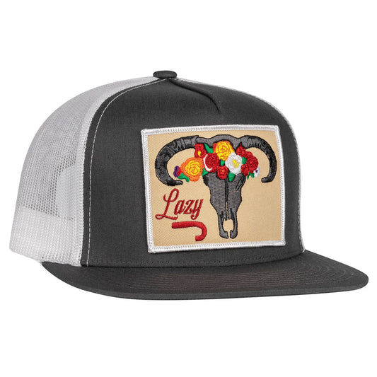 Lazy J Ranch Charcoal Grey & White Skull & Flowers Classic Five Panel Trucker Hat