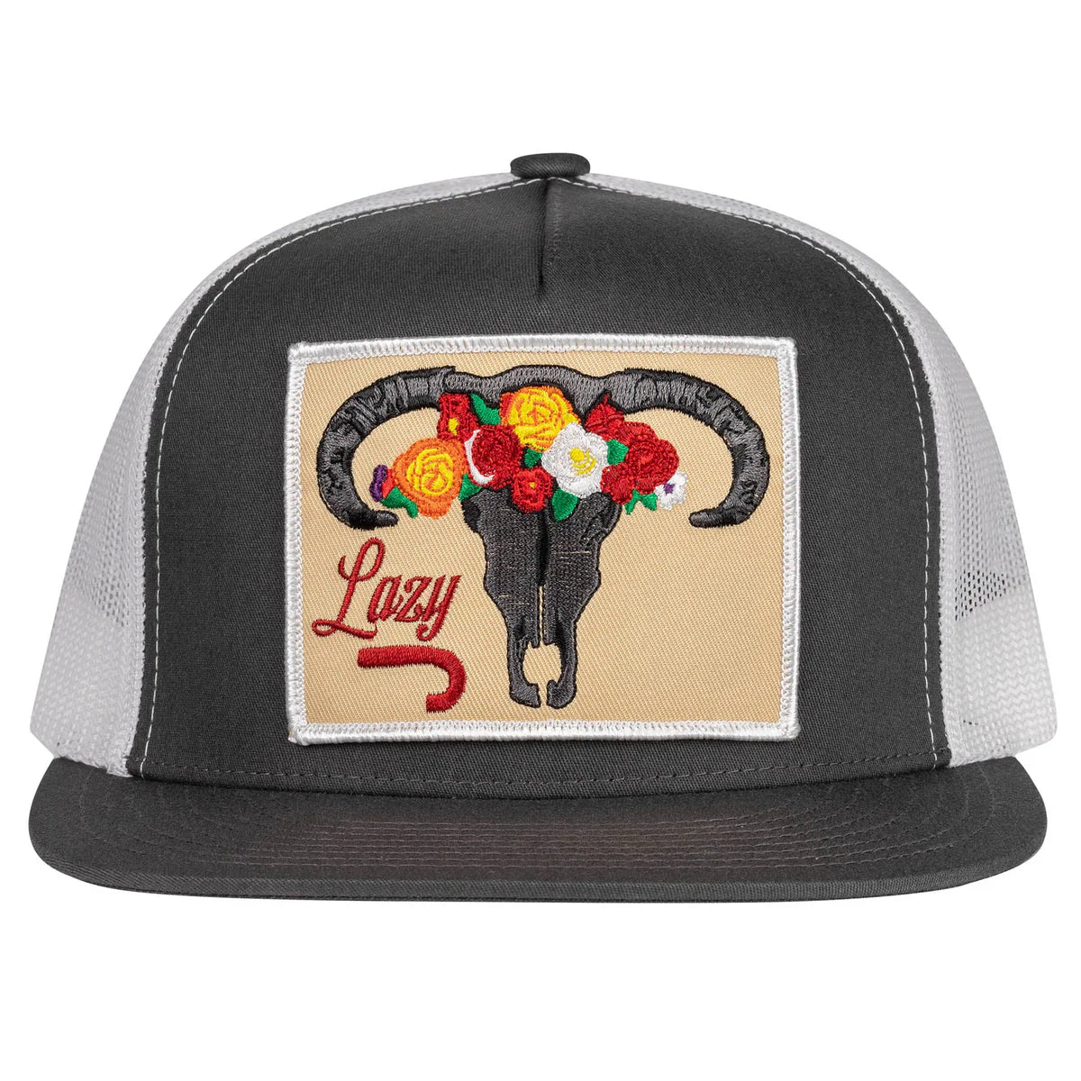 Lazy J Ranch Charcoal Grey & White Skull & Flowers Classic Five Panel Trucker Hat