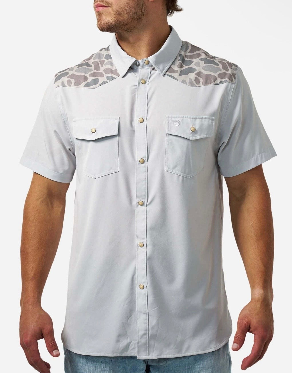 Bird SZN Light Grey/Classic Deer Camo Burlebo  Performance Western Pearl Snap Shirt Tx/ Fl