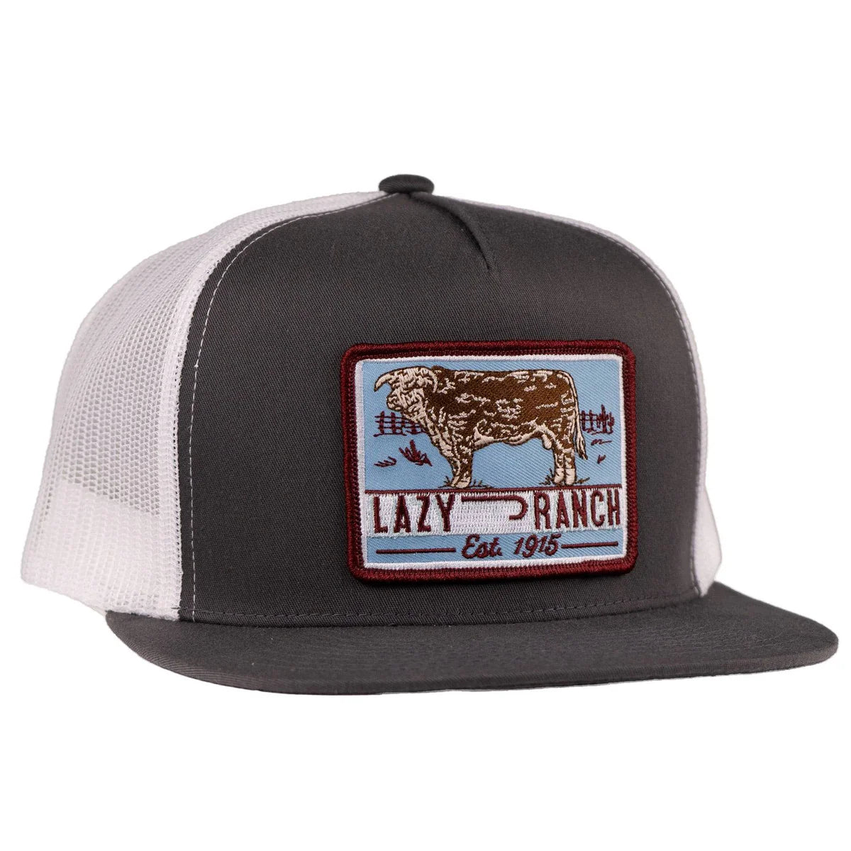LAZY J RANCH GREY/WHITE BULL TRAP PATCH
CLASSIC FIVE PANEL
TRUCKER HAT