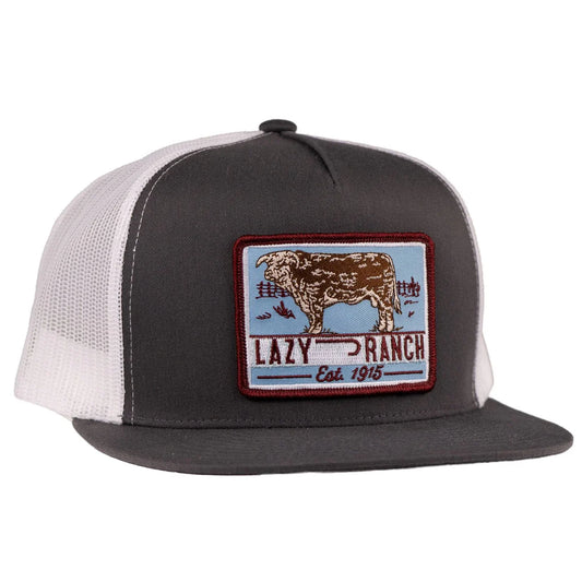 LAZY J RANCH GREY/WHITE BULL TRAP PATCH
CLASSIC FIVE PANEL
TRUCKER HAT