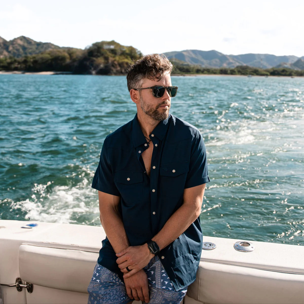 Navy Burlebo Performance Western Pearl Snap Shirt Short Sleeve