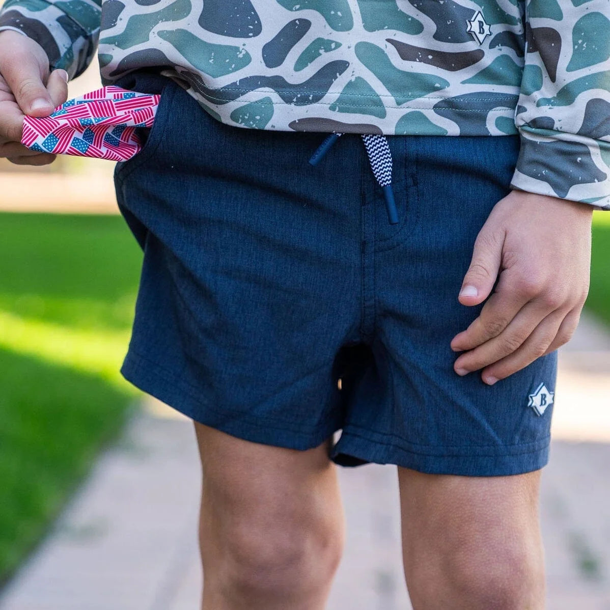 Heather Navy Youth Athletic Shorts With American Flag Pocket