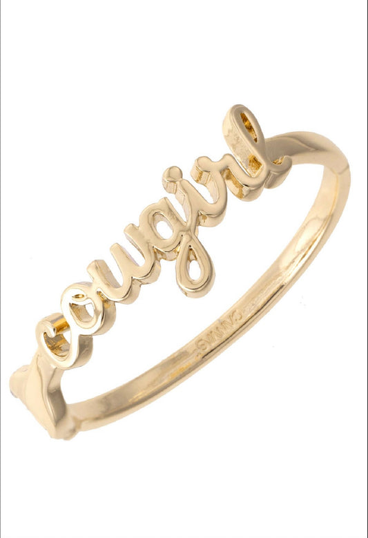 Cowgirl Cursive Hinge Bangle in Shiny 18 K Shiny Gold Plated Canvas